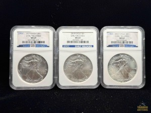 (3) 2010 American Eagle Silver Dollar Early Releases