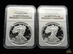 (2) 2011-W American Eagle Silver Dollar 25th Anniversary