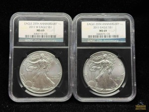 (2) 2011 American Eagle Silver Dollars 25th Anniversary Set