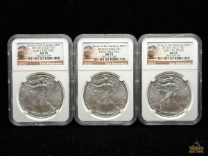 (3) 2012-S American Eagle Silver Dollars Early Releases