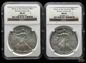 (2) 2012-S American Eagle Silver Dollars