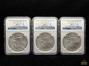 (3) 2013 American Eagle Silver Dollars Early Releases