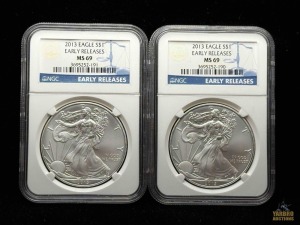 (2) 2013 American Eagle Silver Dollars Early Releases