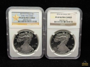 (2) 2014-W American Eagle Silver Dollars