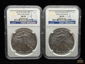 (2) 2014-W American Eagle Silver Dollars Early Releases