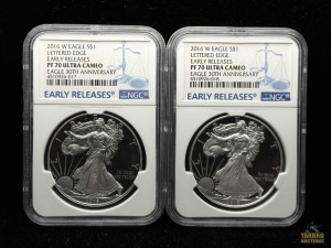 (2) 2016-W American Eagle Silver Dollars 30th Anniversary