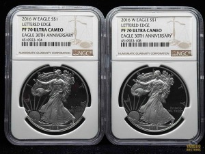 (2) 2016-W American Eagle Silver Dollars 30th Anniversary