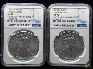 (2) 2016 American Eagle Silver Dollars 30th Anniversary