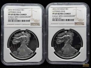 (2) 2016-W American Eagle Silver Dollars30th Anniversary