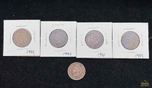 (5) 1901 Indian Head Pennies