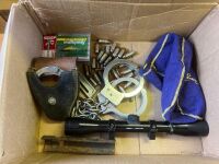 Box of Misc. Including Leg Irons, Hand Cuffs, Ammo